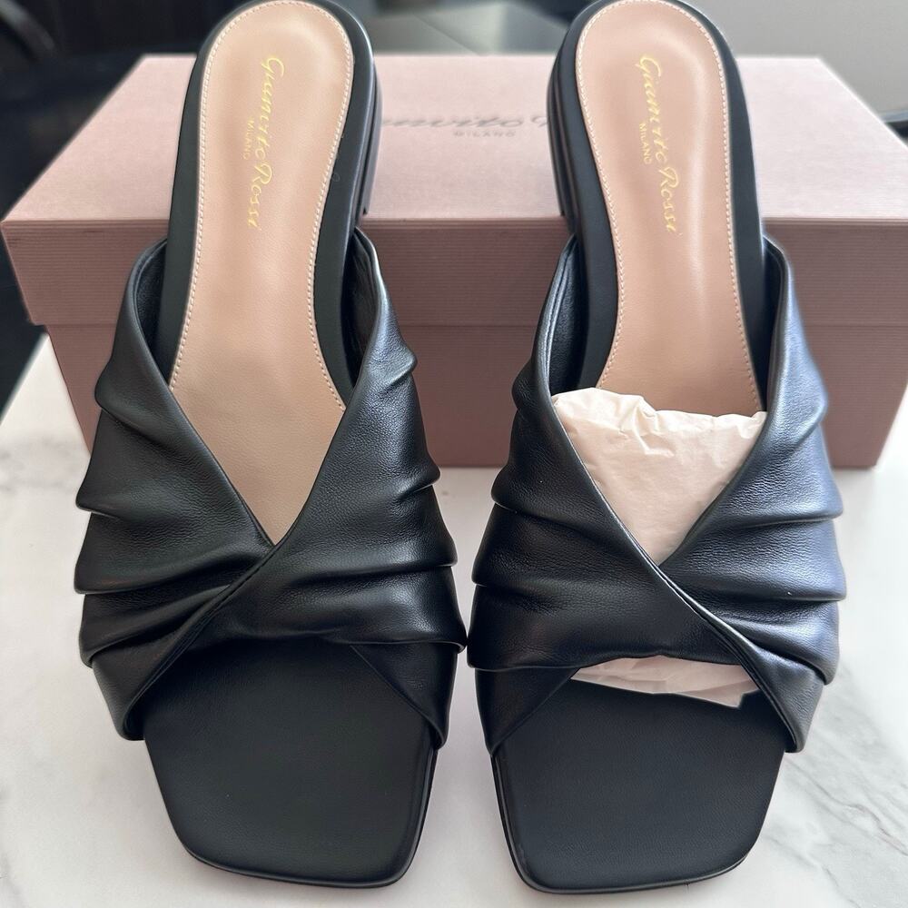 Gianvito Rossi Selene Black Nappa Flat Sandals EU 37.5 Ruched NWT
